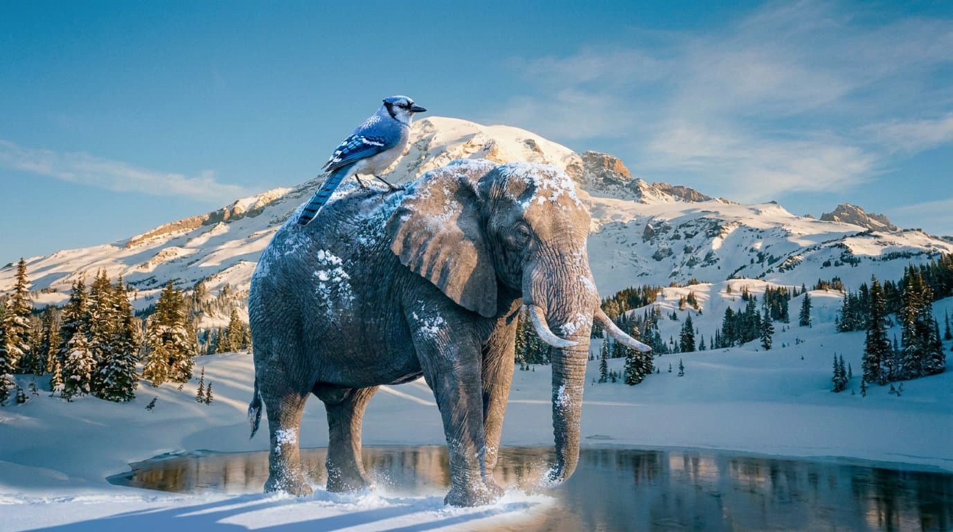 AI-merged result: a snow-dusted elephant standing in an alpine mountain landscape with a blue jay perched on its back