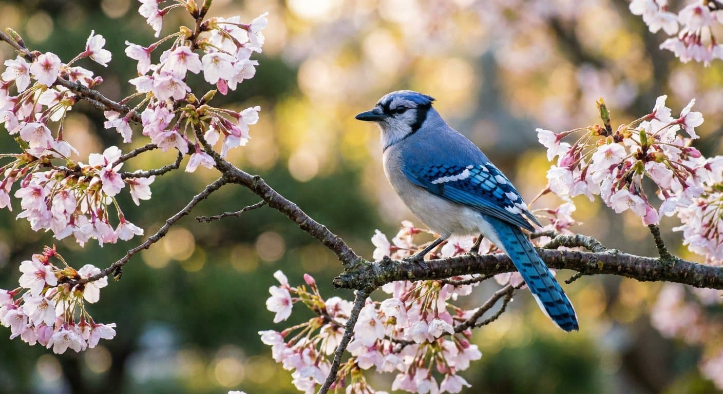 Blue jay perched on a cherry-blossom branch