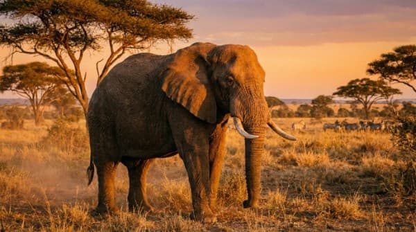 African elephant on a golden savanna at sunset