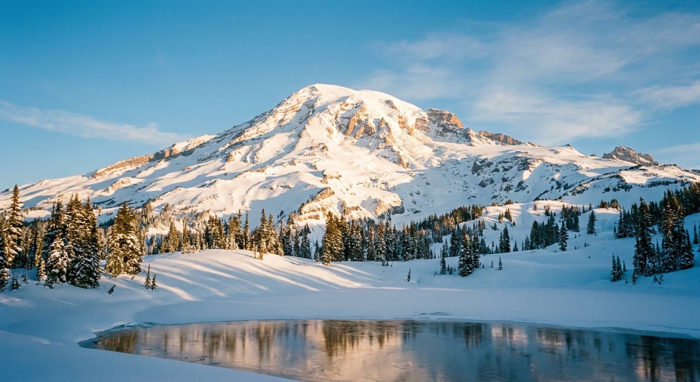 Snow-covered mountain reflected in a frozen alpine lake