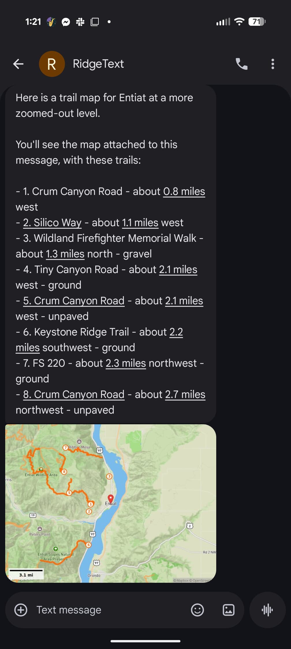 SMS Conversation Example - Trail Map for Entiat