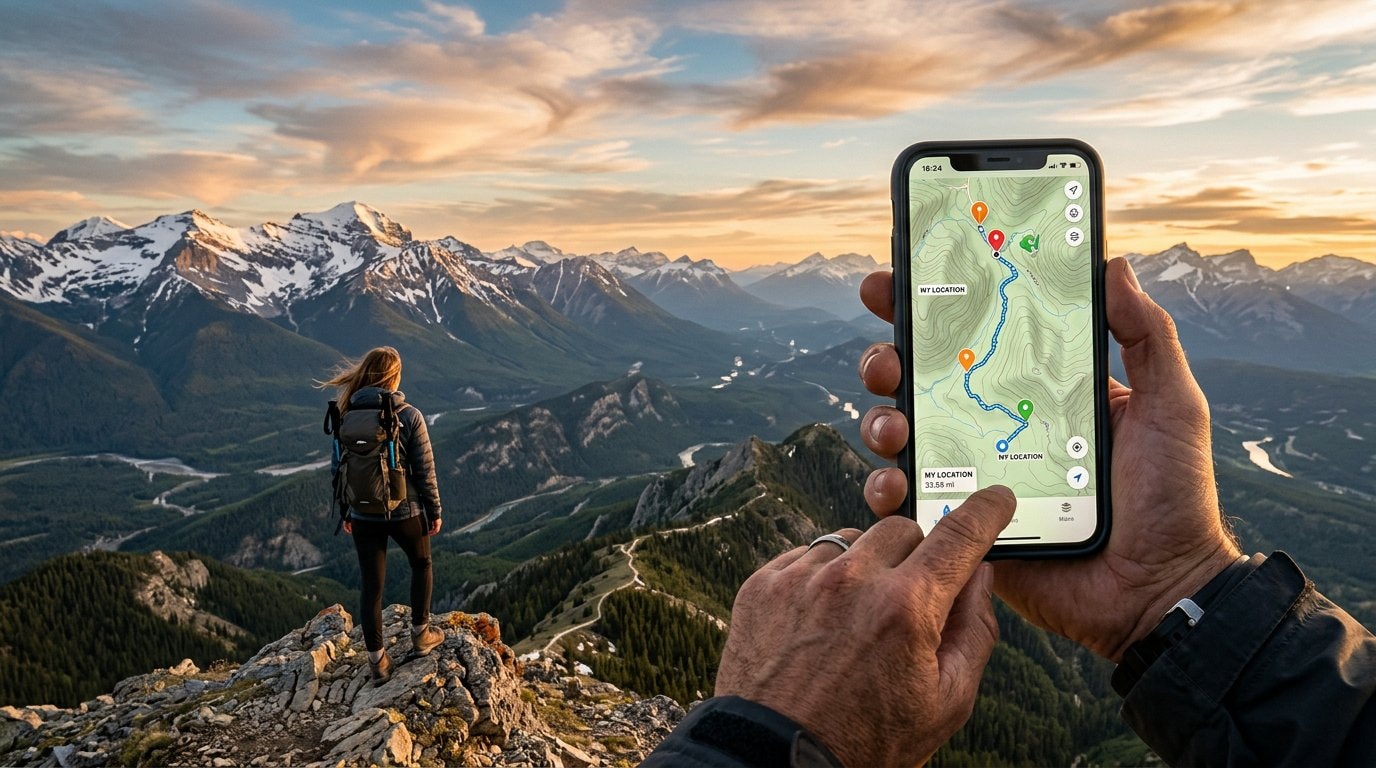 Hiker on a mountain summit viewing a topographic map on their phone