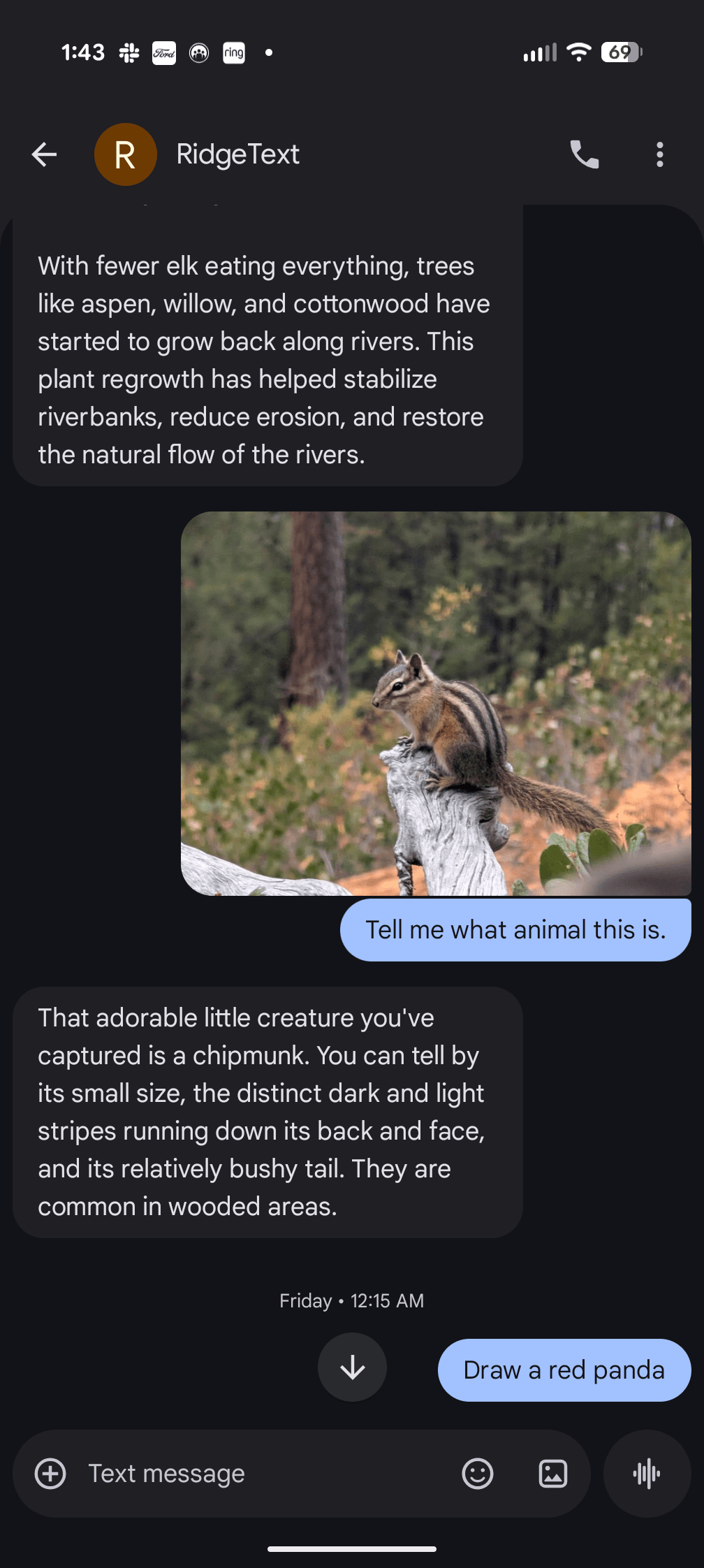 SMS conversation with RidgeText showing image analysis and AI responses