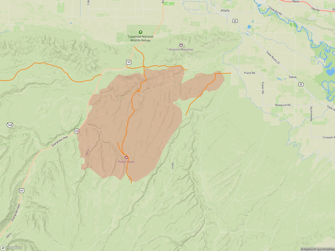 A Mapbox map showing a fire perimeter polygon overlaid with a trail route near Poisel Butte, Washington