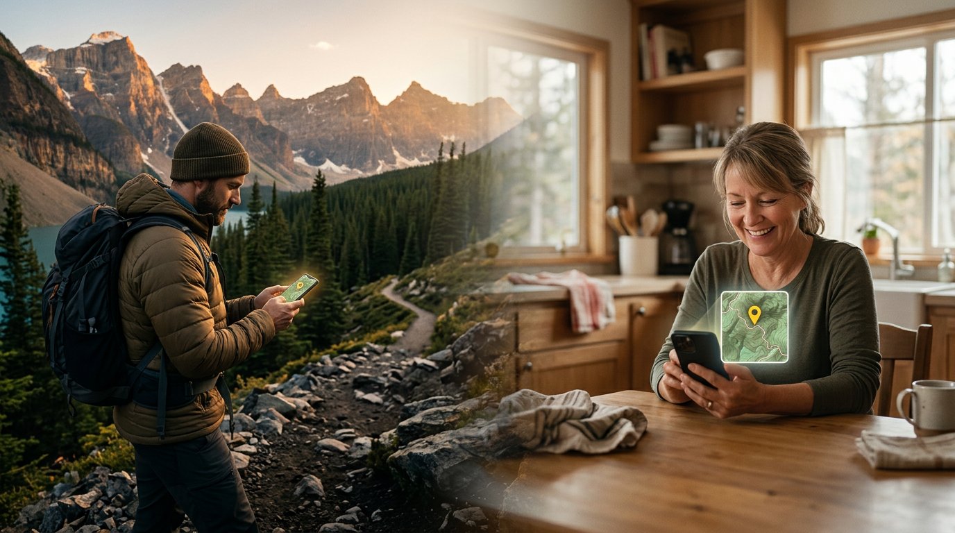Hiker in the mountains sharing their location with someone at home