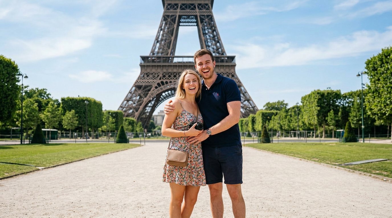 Couple posing at Eiffel Tower, photobomber and tourists removed