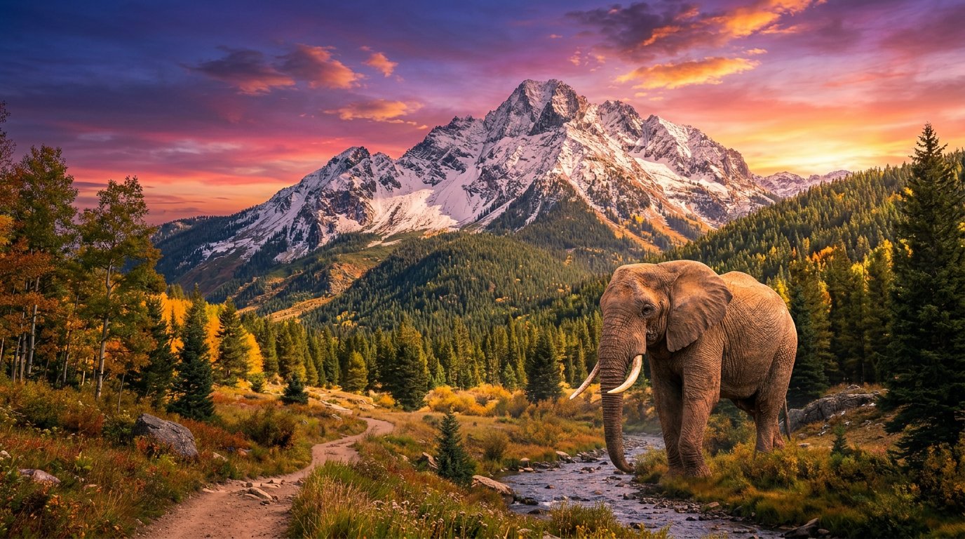 Elephant merged into mountain sunrise landscape