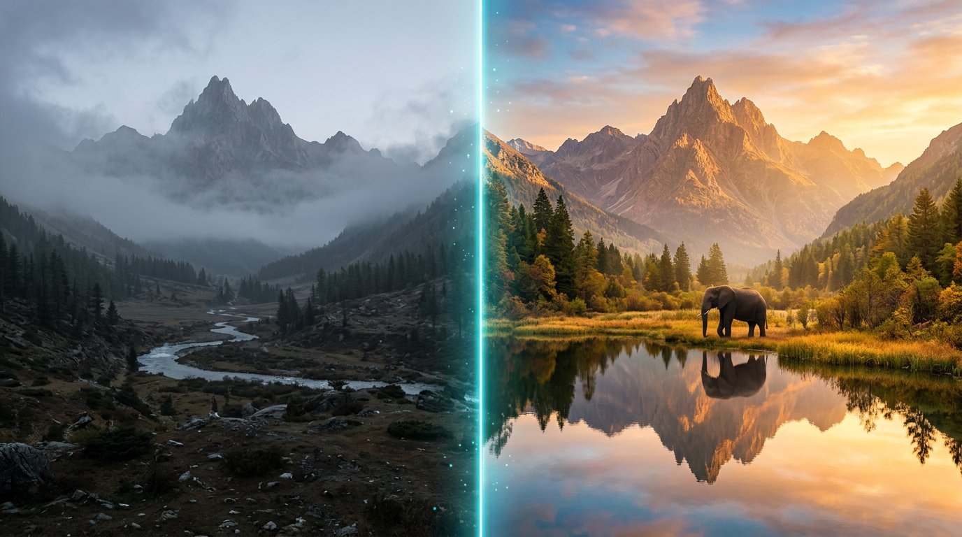 Hero visualization showing a glowing smartphone beaming light onto a floating photograph, transforming it from black-and-white to a vibrant 3D sunset