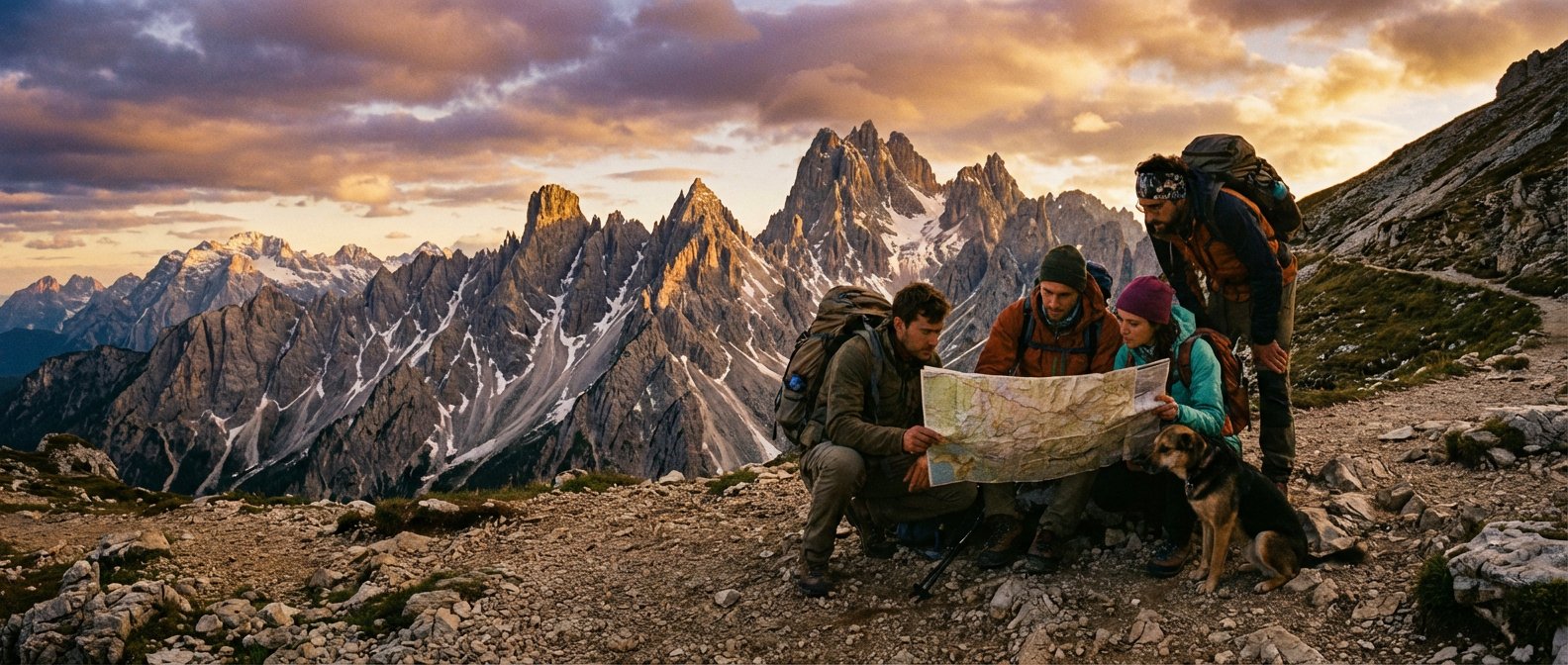 Hikers using a map on a mountain trail