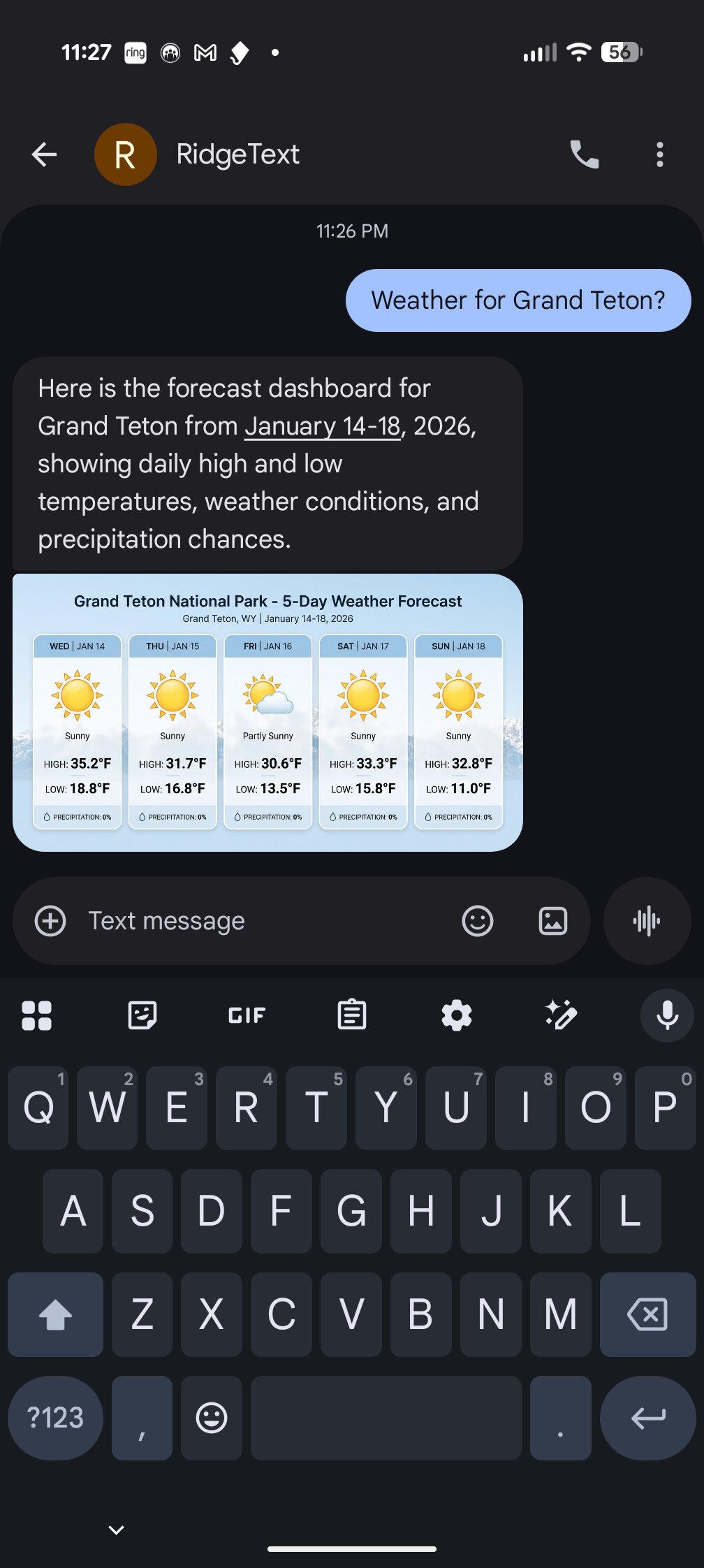 SMS Conversation Example - Weather for Grand Teton