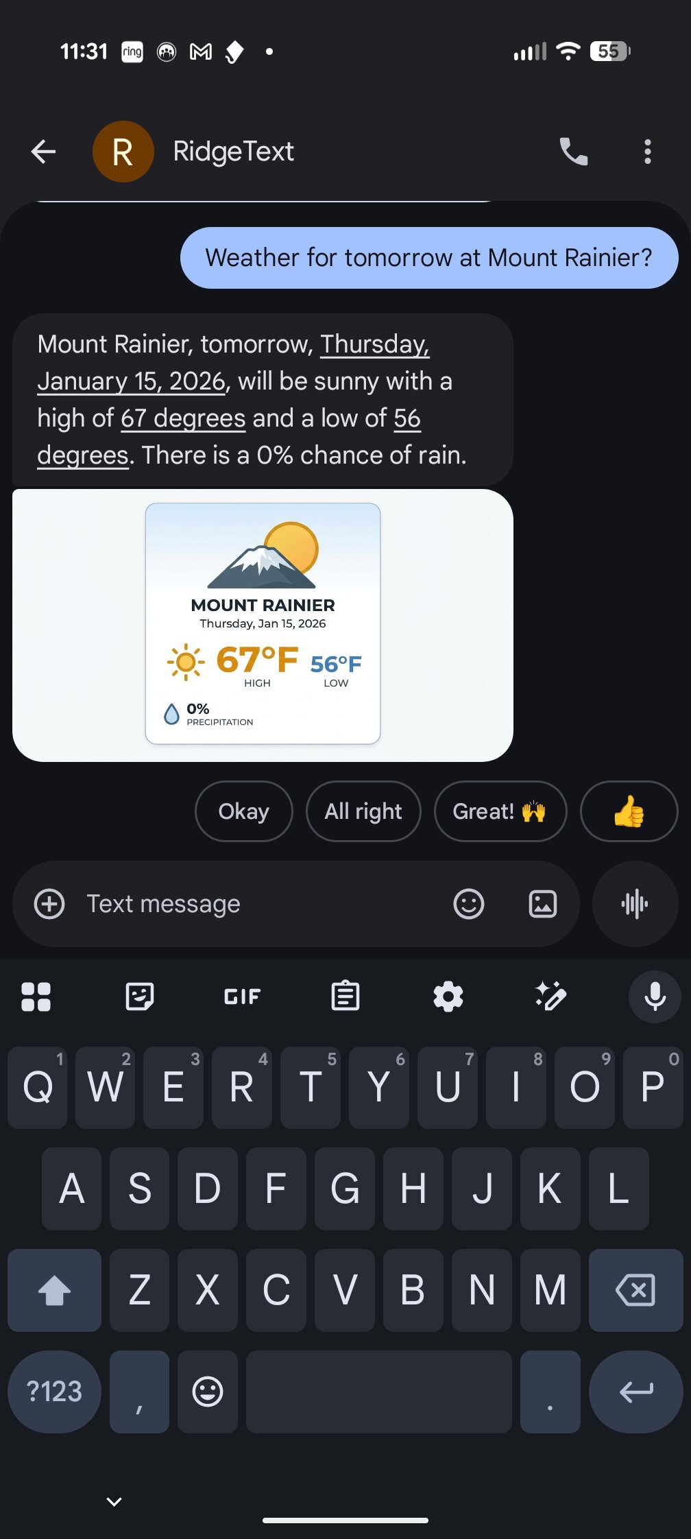 SMS Conversation Example - Weather for Mount Rainier