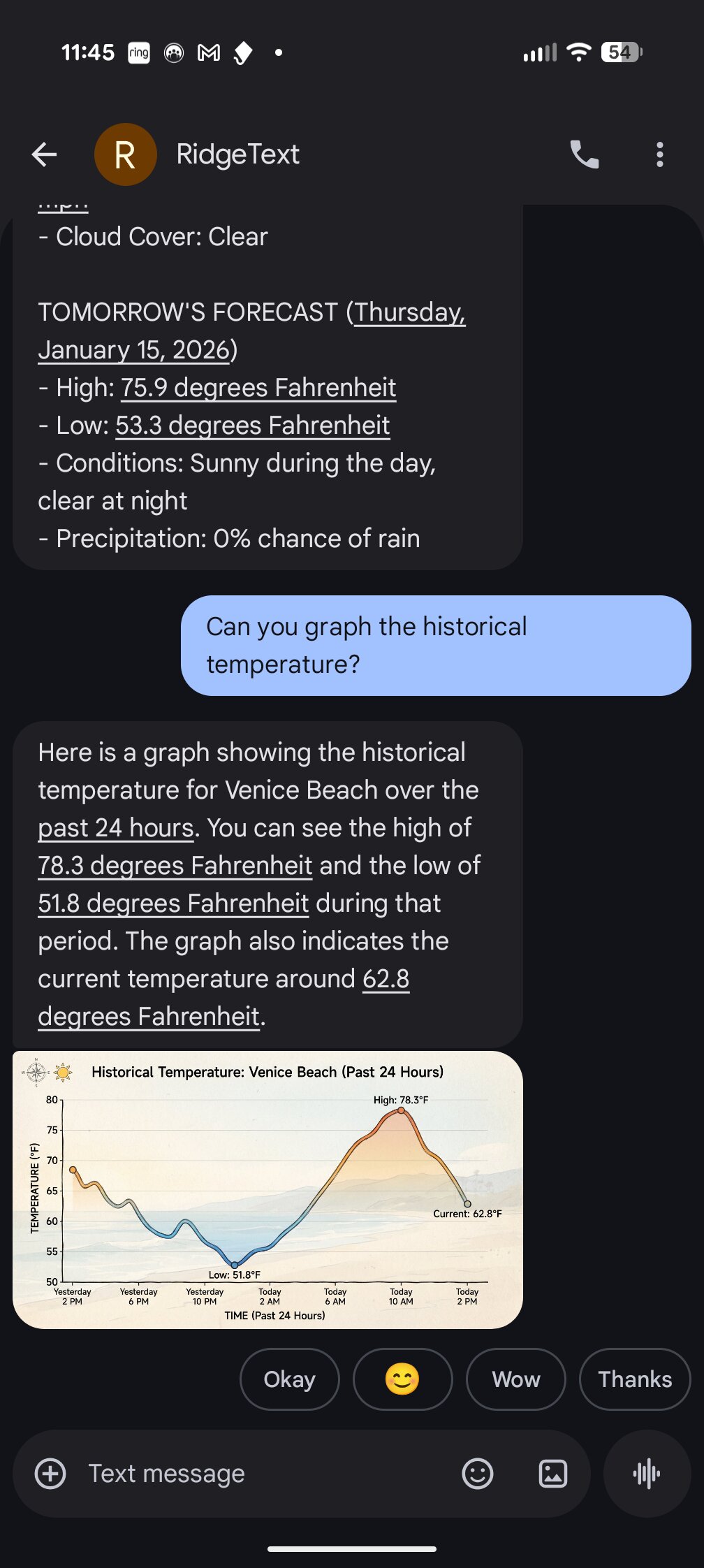 SMS Conversation Example - Historical temperature for Venice Beach, CA