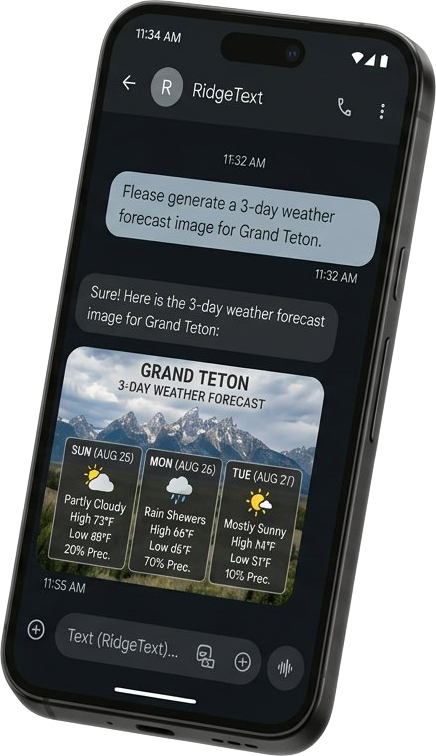 RidgeText weather forecast SMS conversation on a Google Pixel smartphone